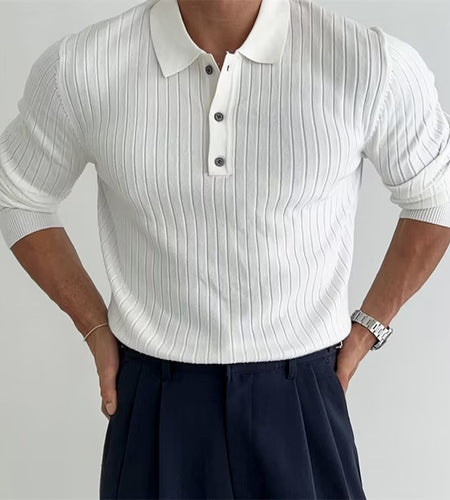 Lapel Button Long Sleeve Polo Shirt Slim Fashion Solid Striped Knitted Bottoming Shirt Top Men'S Clothing