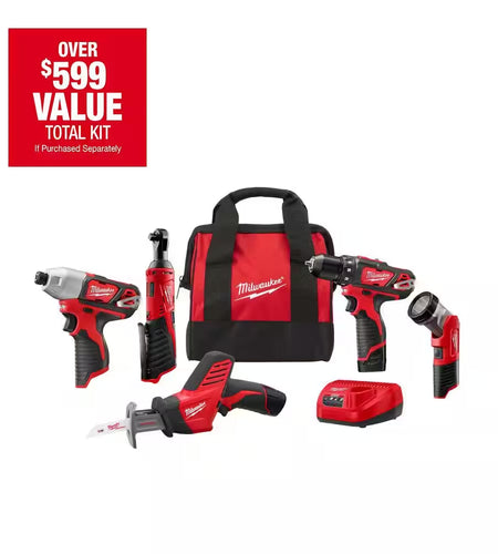 M12 12V Lithium-Ion Cordless Combo Kit (5-Tool) with Two 1.5 Ah Batteries, Charger and Tool Bag