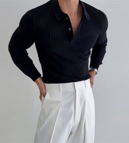 Lapel Button Long Sleeve Polo Shirt Slim Fashion Solid Striped Knitted Bottoming Shirt Top Men'S Clothing