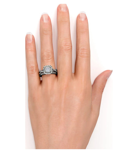 Square Diamond - Double Halo - Twisted Band - Vintage Inspired - Pave - Wedding Ring Set in 10K Yellow Gold