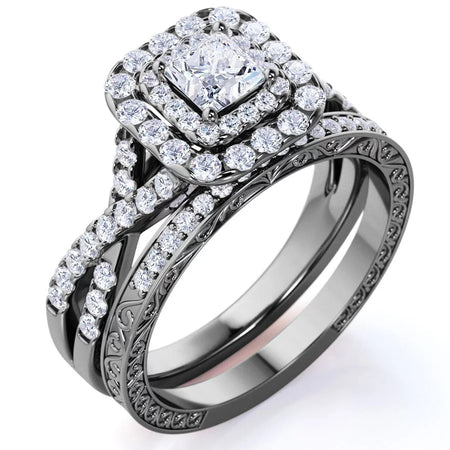 Square Diamond - Double Halo - Twisted Band - Vintage Inspired - Pave - Wedding Ring Set in 10K Yellow Gold