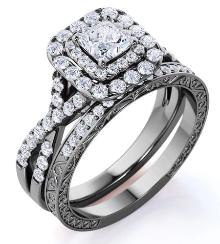 Square Diamond - Double Halo - Twisted Band - Vintage Inspired - Pave - Wedding Ring Set in 10K Yellow Gold