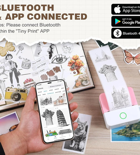 Thermal Mini Printer, Portable Inkless Bluetooth Sticker Maker with 10 Rolls Paper, Pink