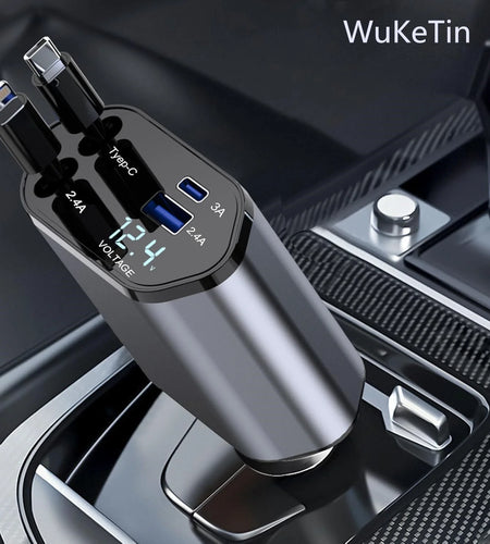 4 in 1 Retractable Car Charger, 100W Fast Car Phone Charger with Iphone and Type C Cable and 2 Charging Ports Car Charger Adapter